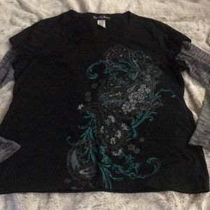 Black paisley double layer shirt XL black grey teal floral scroll 14-18